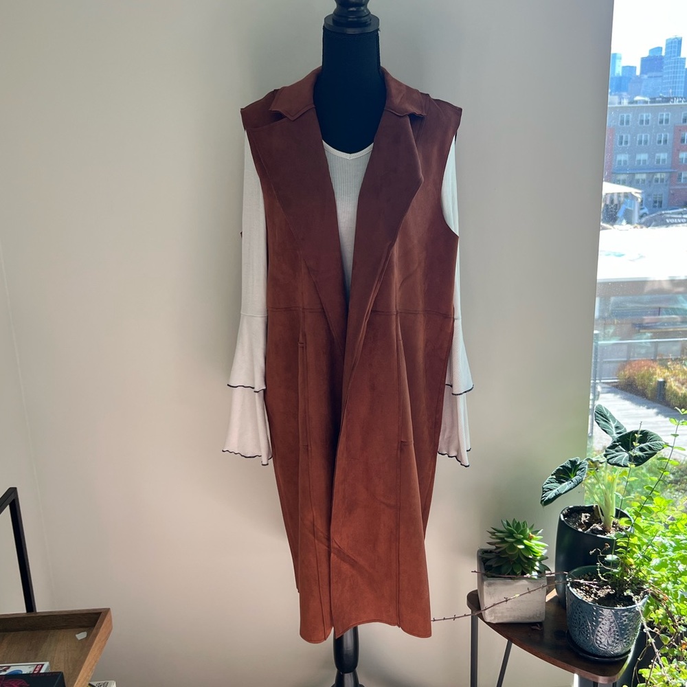 Worn once! Joan Vass chestnut sleeveless trench coat. Size large.